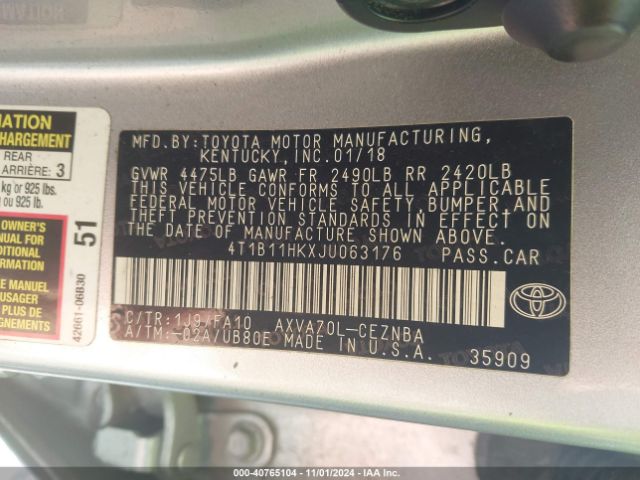 Photo 8 VIN: 4T1B11HKXJU063176 - TOYOTA CAMRY 