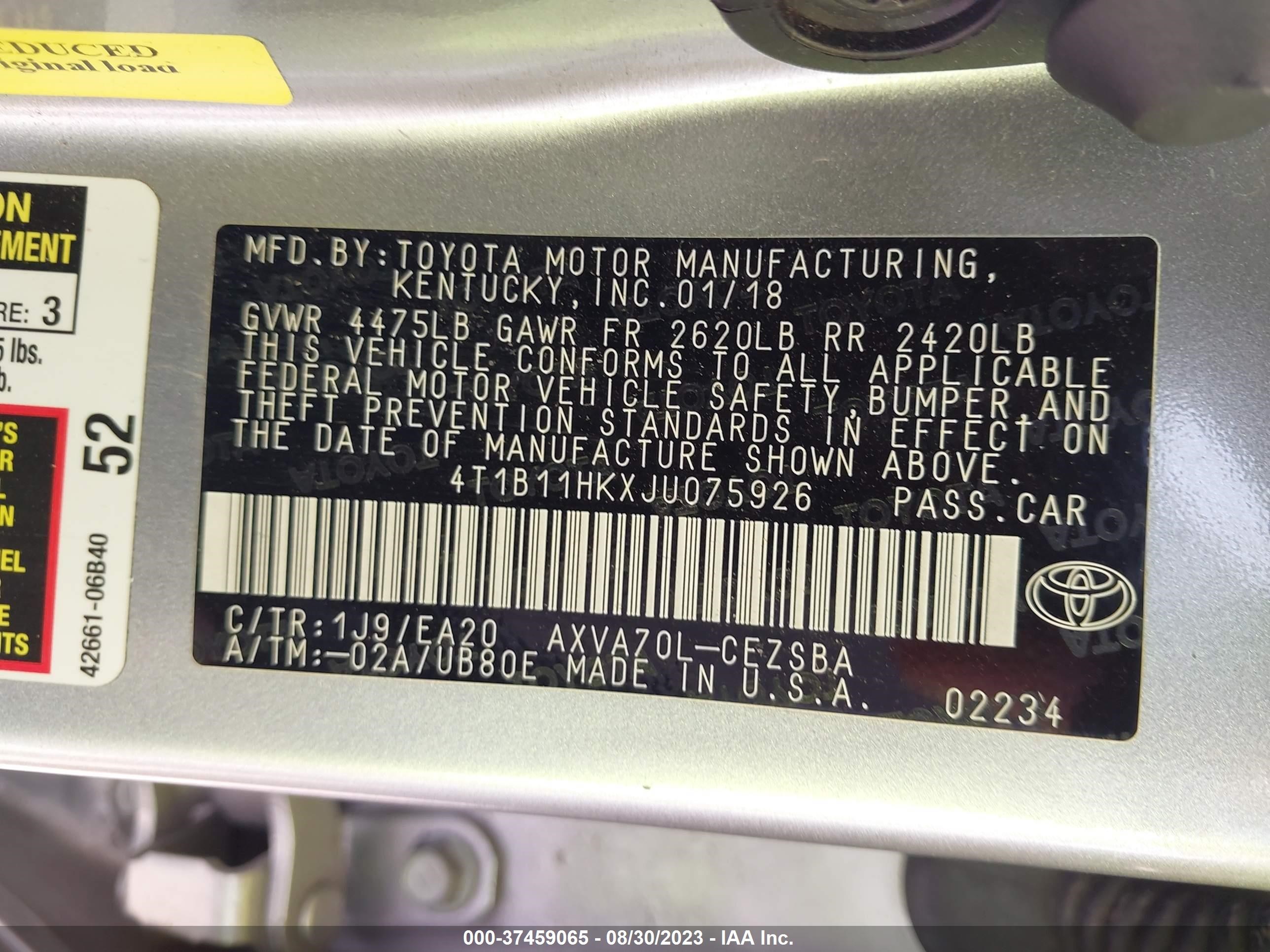 Photo 8 VIN: 4T1B11HKXJU075926 - TOYOTA CAMRY 