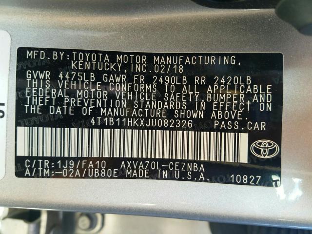 Photo 9 VIN: 4T1B11HKXJU082326 - TOYOTA CAMRY L 