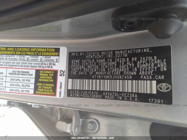 Photo 8 VIN: 4T1B11HKXJU087459 - TOYOTA CAMRY 