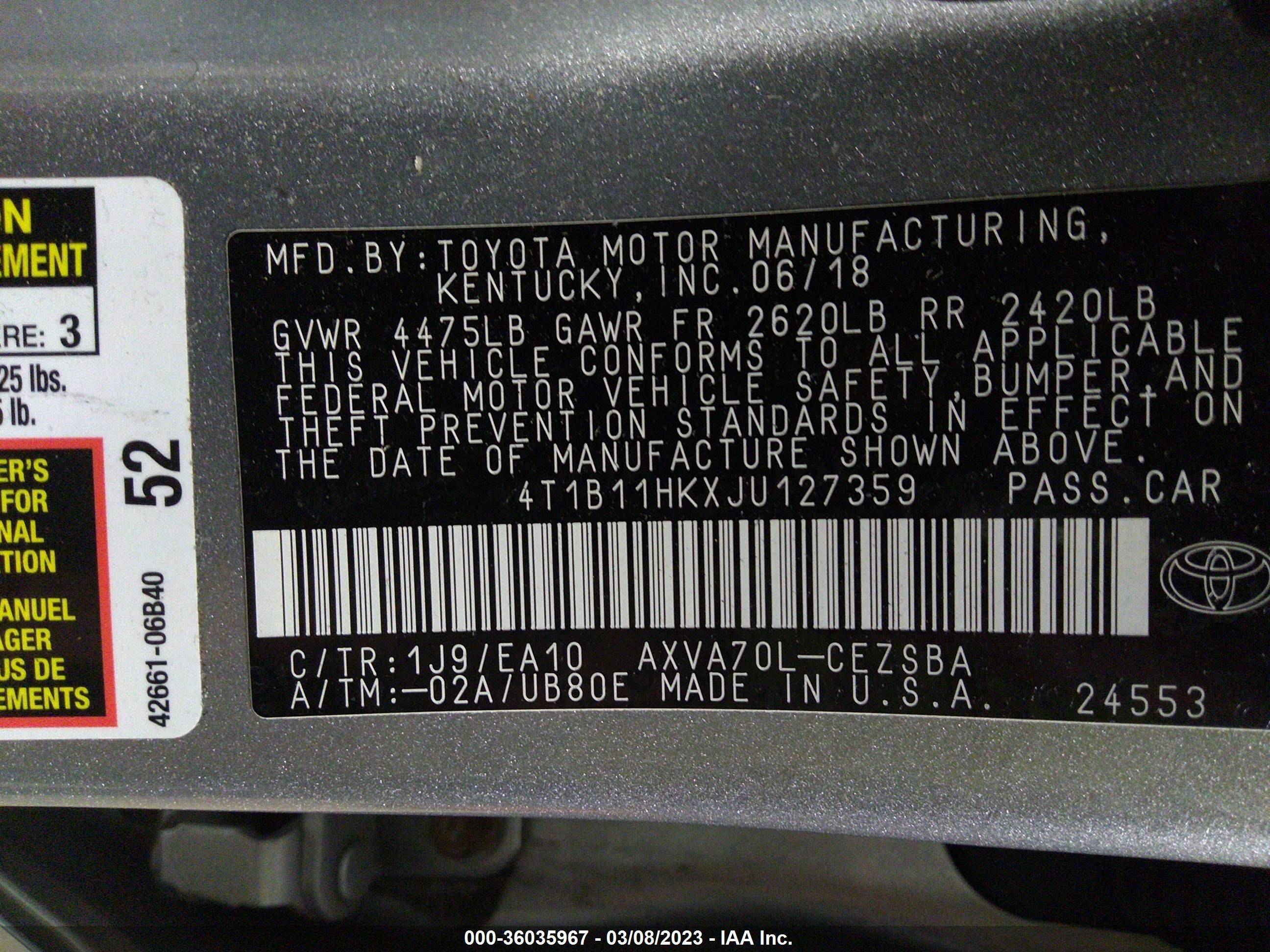 Photo 8 VIN: 4T1B11HKXJU127359 - TOYOTA CAMRY 