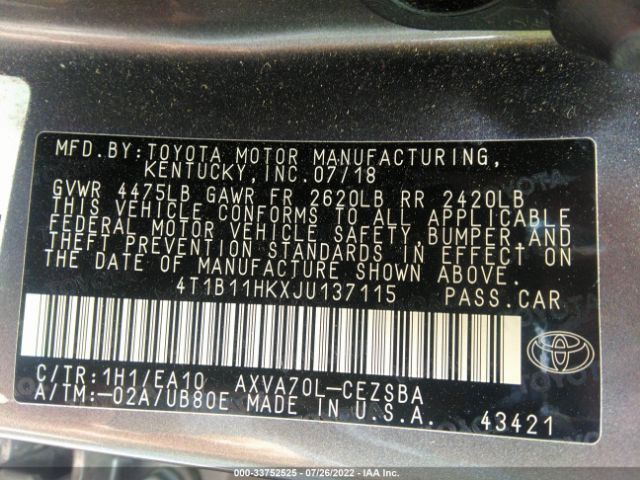 Photo 8 VIN: 4T1B11HKXJU137115 - TOYOTA CAMRY 