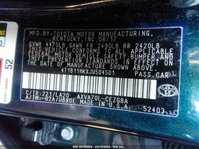 Photo 8 VIN: 4T1B11HKXJU504501 - TOYOTA CAMRY 