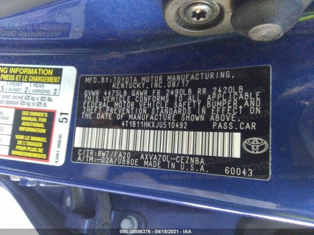 Photo 8 VIN: 4T1B11HKXJU510492 - TOYOTA CAMRY 