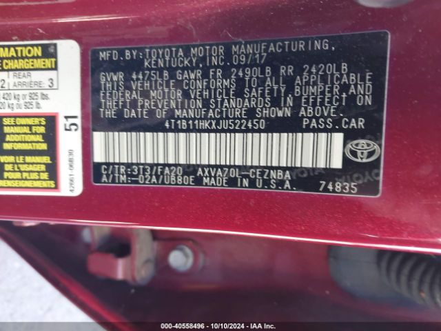 Photo 8 VIN: 4T1B11HKXJU522450 - TOYOTA CAMRY 