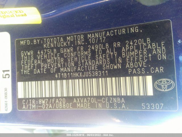 Photo 8 VIN: 4T1B11HKXJU538311 - TOYOTA CAMRY 