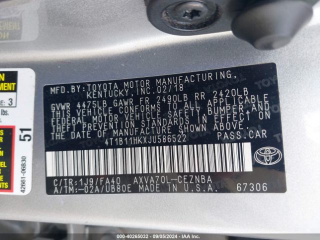 Photo 8 VIN: 4T1B11HKXJU586522 - TOYOTA CAMRY 