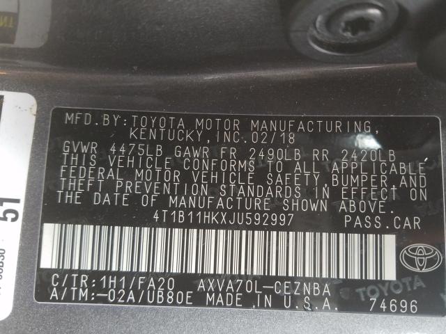 Photo 9 VIN: 4T1B11HKXJU592997 - TOYOTA CAMRY L 