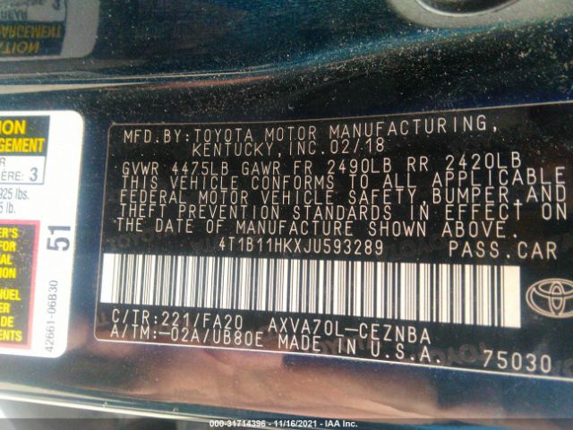 Photo 8 VIN: 4T1B11HKXJU593289 - TOYOTA CAMRY 