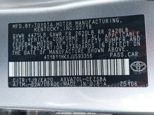 Photo 8 VIN: 4T1B11HKXJU593356 - TOYOTA CAMRY 