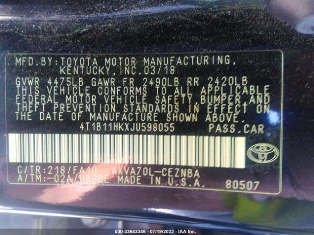 Photo 8 VIN: 4T1B11HKXJU598055 - TOYOTA CAMRY 