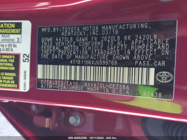 Photo 8 VIN: 4T1B11HKXJU599769 - TOYOTA CAMRY 