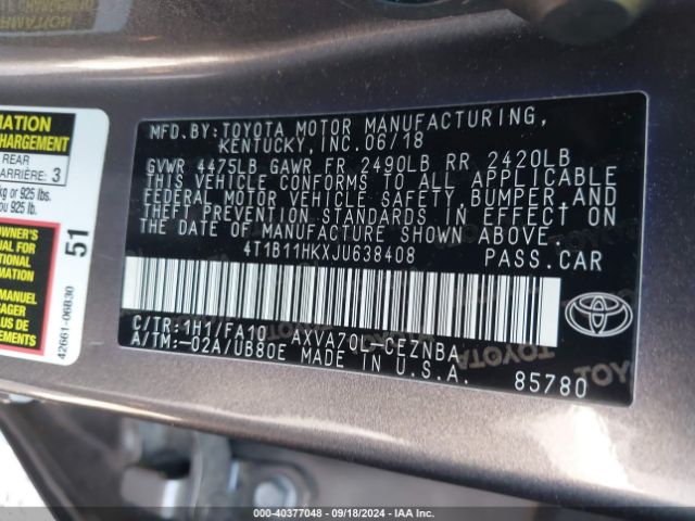 Photo 8 VIN: 4T1B11HKXJU638408 - TOYOTA CAMRY 