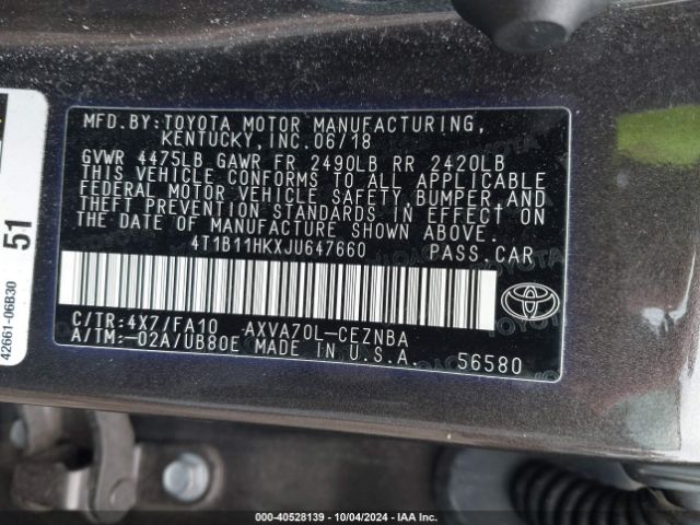 Photo 8 VIN: 4T1B11HKXJU647660 - TOYOTA CAMRY 