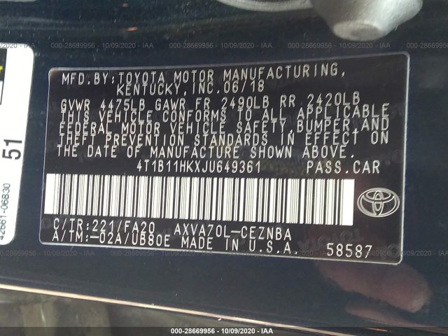 Photo 8 VIN: 4T1B11HKXJU649361 - TOYOTA CAMRY 