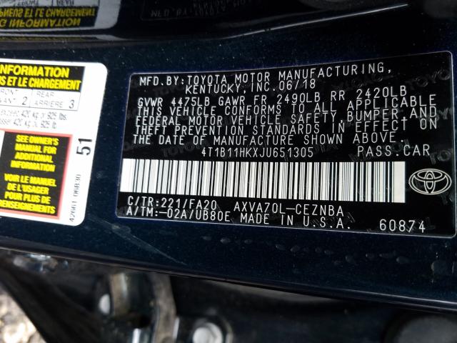 Photo 9 VIN: 4T1B11HKXJU651305 - TOYOTA CAMRY L 