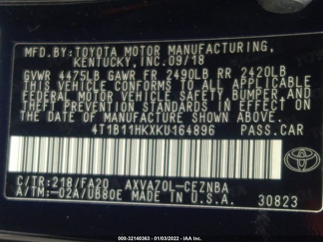 Photo 8 VIN: 4T1B11HKXKU164896 - TOYOTA CAMRY 