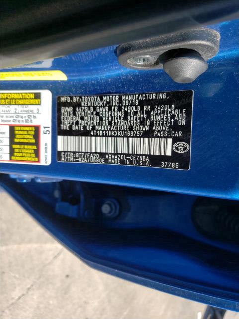 Photo 9 VIN: 4T1B11HKXKU169757 - TOYOTA CAMRY L 