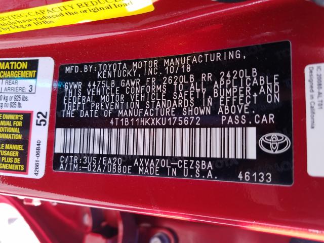 Photo 9 VIN: 4T1B11HKXKU175672 - TOYOTA CAMRY L 