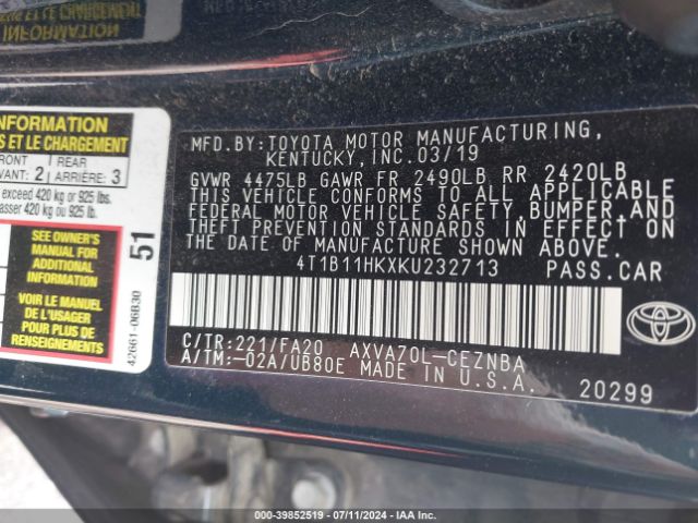 Photo 8 VIN: 4T1B11HKXKU232713 - TOYOTA CAMRY 