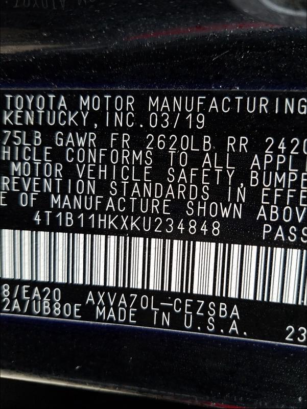 Photo 9 VIN: 4T1B11HKXKU234848 - TOYOTA CAMRY L 