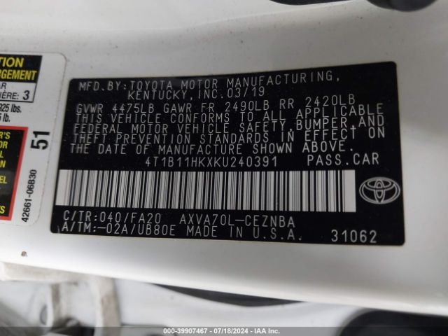 Photo 8 VIN: 4T1B11HKXKU240391 - TOYOTA CAMRY 