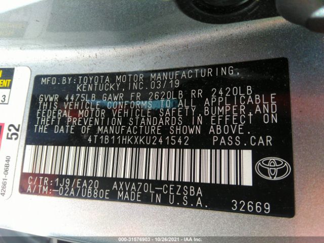 Photo 8 VIN: 4T1B11HKXKU241542 - TOYOTA CAMRY 