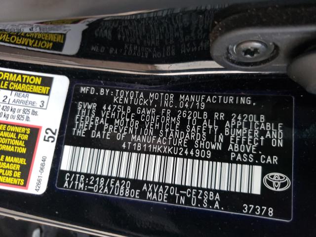 Photo 9 VIN: 4T1B11HKXKU244909 - TOYOTA CAMRY L 