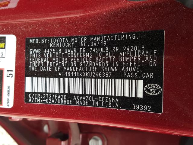 Photo 9 VIN: 4T1B11HKXKU246367 - TOYOTA CAMRY L 