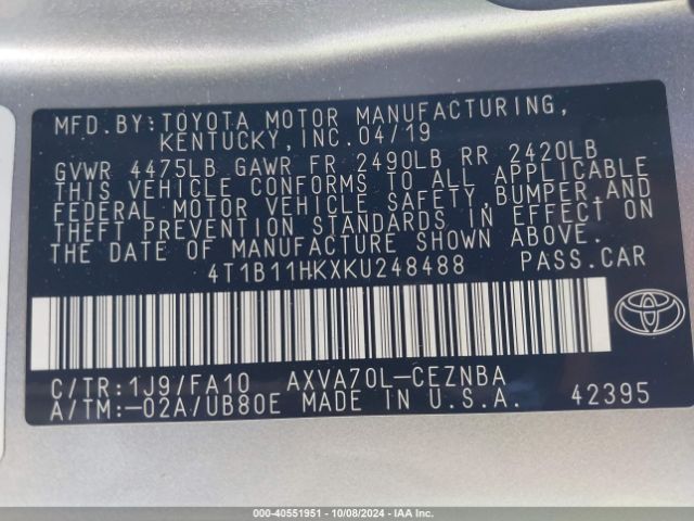 Photo 8 VIN: 4T1B11HKXKU248488 - TOYOTA CAMRY 