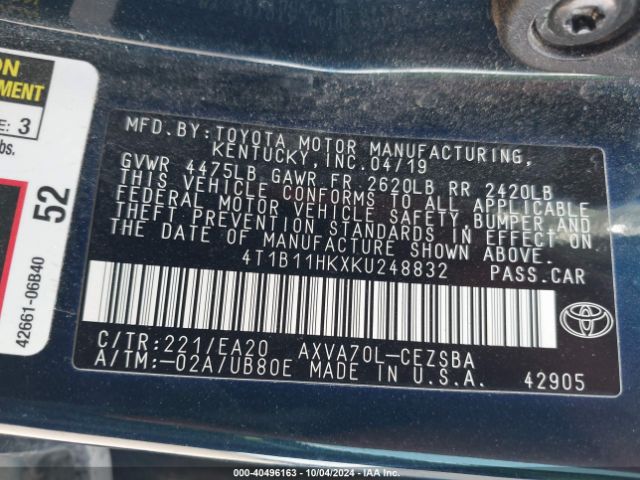 Photo 8 VIN: 4T1B11HKXKU248832 - TOYOTA CAMRY 