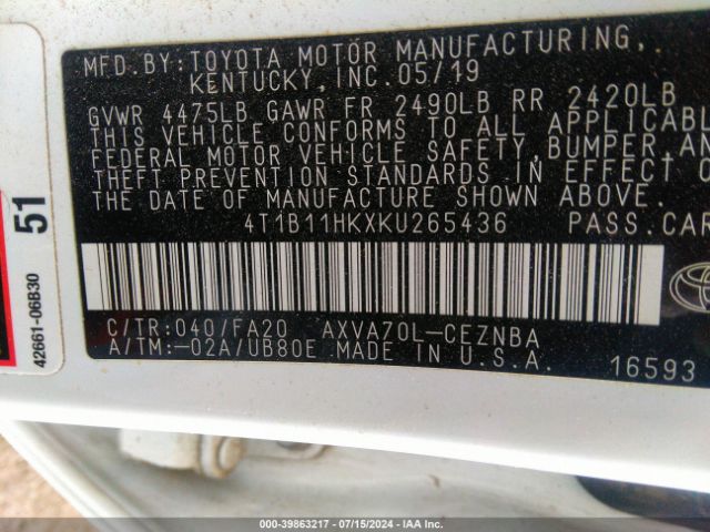 Photo 8 VIN: 4T1B11HKXKU265436 - TOYOTA CAMRY 