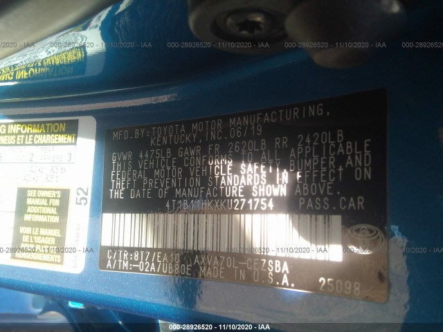 Photo 8 VIN: 4T1B11HKXKU271754 - TOYOTA CAMRY 