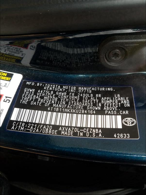 Photo 9 VIN: 4T1B11HKXKU284164 - TOYOTA CAMRY L 