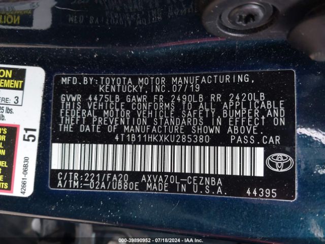 Photo 8 VIN: 4T1B11HKXKU285380 - TOYOTA CAMRY 