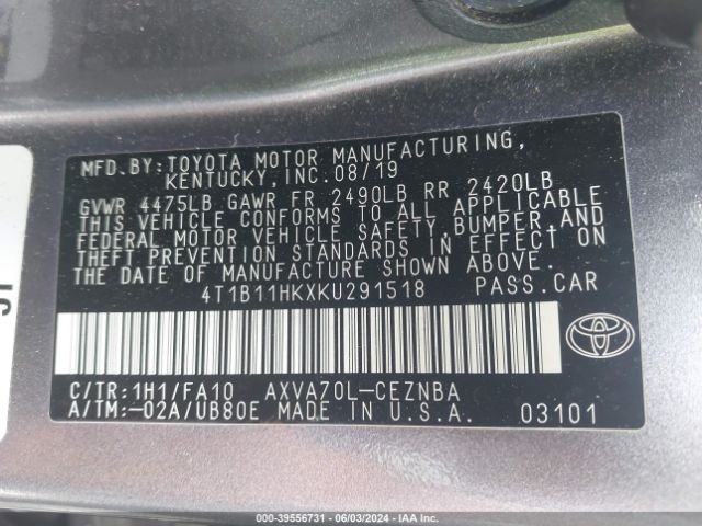 Photo 8 VIN: 4T1B11HKXKU291518 - TOYOTA CAMRY 