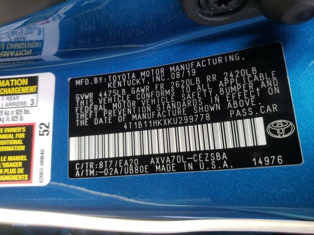 Photo 9 VIN: 4T1B11HKXKU299778 - TOYOTA CAMRY L 