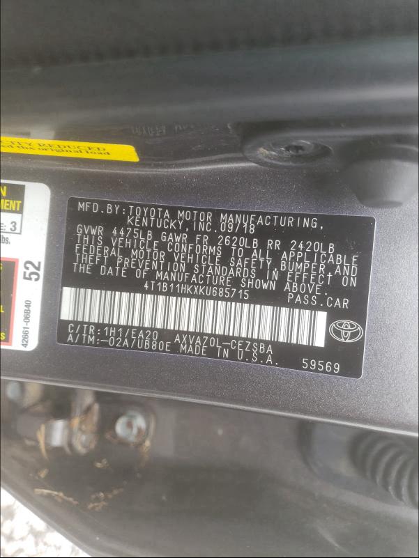 Photo 9 VIN: 4T1B11HKXKU685715 - TOYOTA CAMRY L 