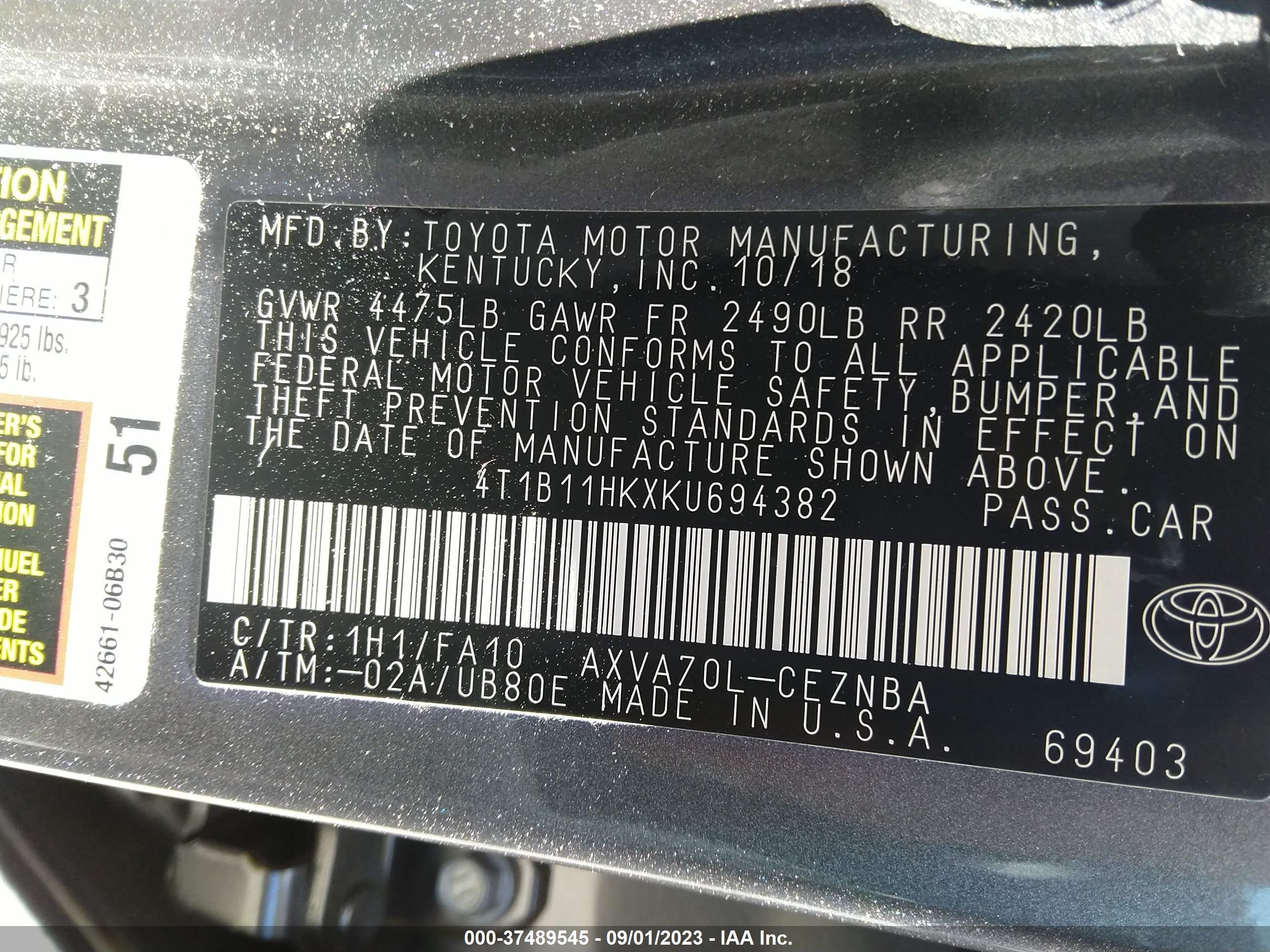 Photo 8 VIN: 4T1B11HKXKU694382 - TOYOTA CAMRY 