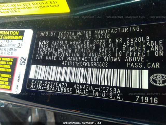 Photo 8 VIN: 4T1B11HKXKU696603 - TOYOTA CAMRY 