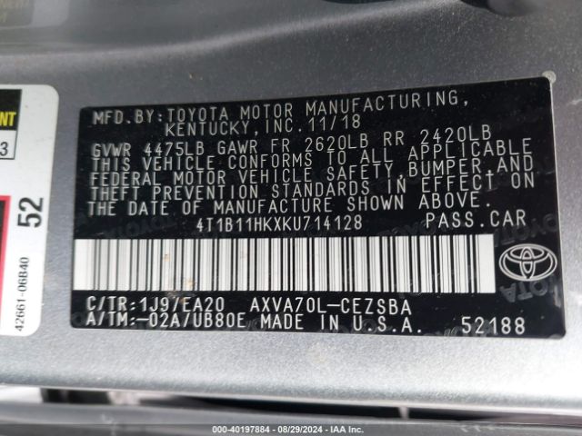 Photo 8 VIN: 4T1B11HKXKU714128 - TOYOTA CAMRY 