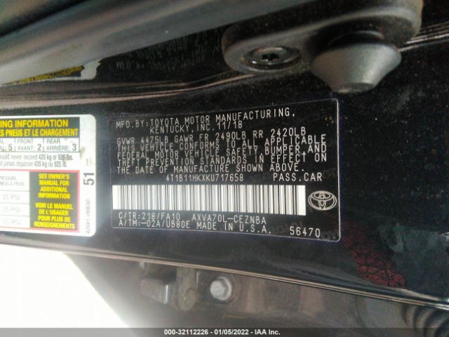 Photo 8 VIN: 4T1B11HKXKU717658 - TOYOTA CAMRY 