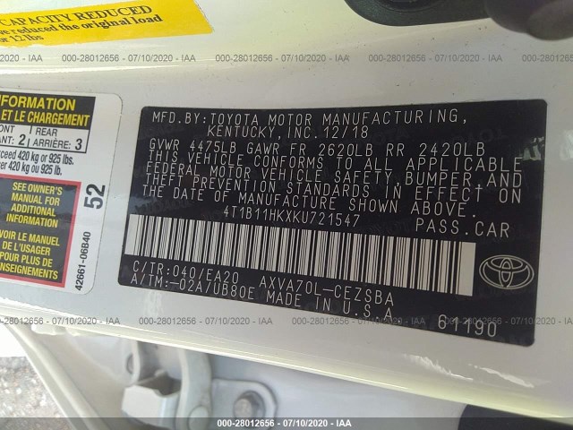 Photo 8 VIN: 4T1B11HKXKU721547 - TOYOTA CAMRY 