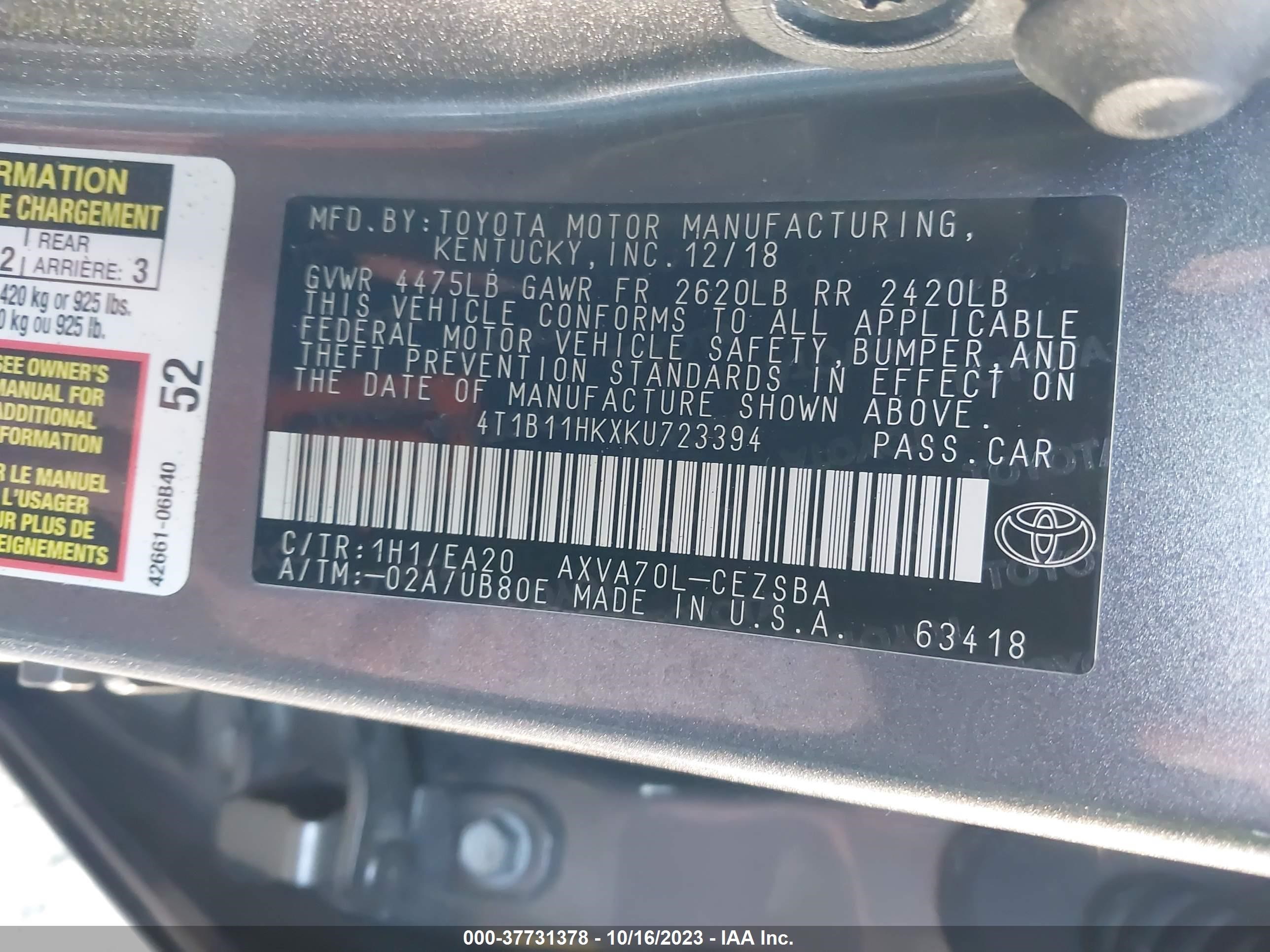 Photo 8 VIN: 4T1B11HKXKU723394 - TOYOTA CAMRY 