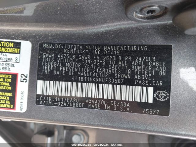 Photo 8 VIN: 4T1B11HKXKU733567 - TOYOTA CAMRY 