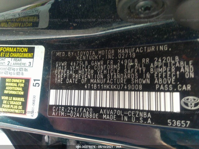 Photo 8 VIN: 4T1B11HKXKU749008 - TOYOTA CAMRY 