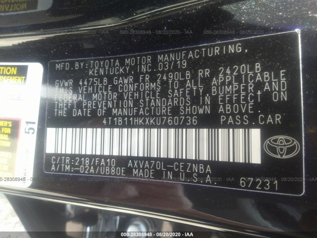 Photo 8 VIN: 4T1B11HKXKU760736 - TOYOTA CAMRY 