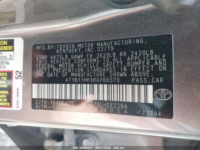 Photo 8 VIN: 4T1B11HKXKU766570 - TOYOTA CAMRY 