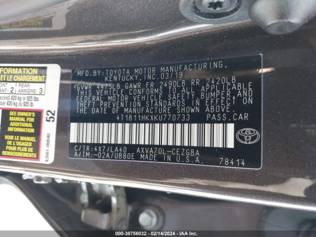 Photo 8 VIN: 4T1B11HKXKU770733 - TOYOTA CAMRY 