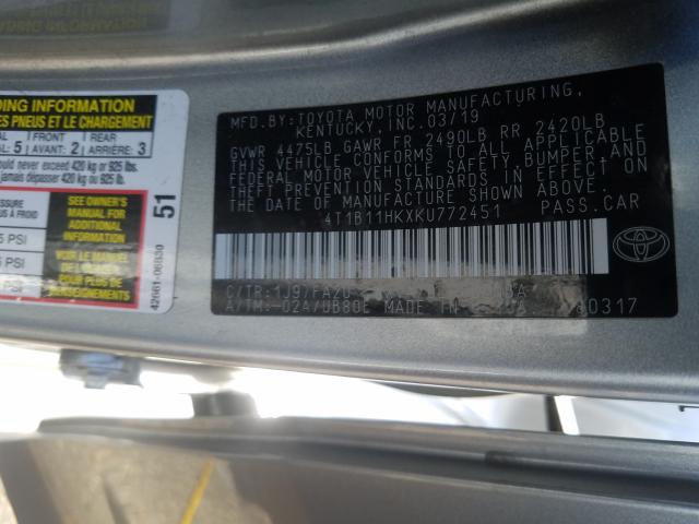 Photo 9 VIN: 4T1B11HKXKU772451 - TOYOTA CAMRY CE 